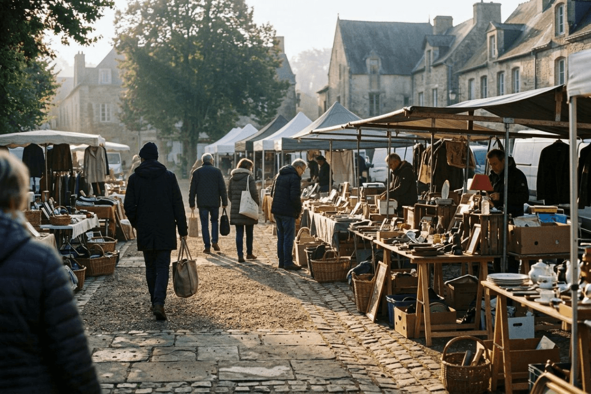 An outdoor flea market at early dawn, vendors setting up tables under golden light as a few early shoppers walk the aisles