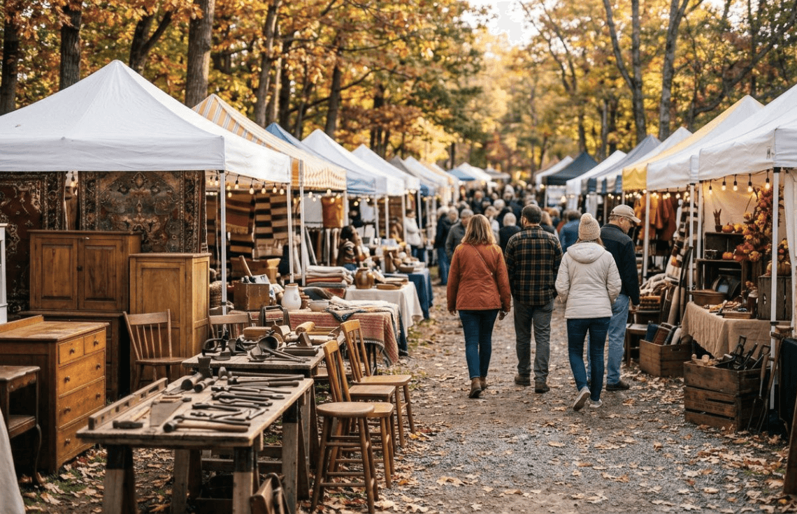 An autumn outdoor flea market in golden light, tables of tools and wooden furniture with fallen leaves on the ground