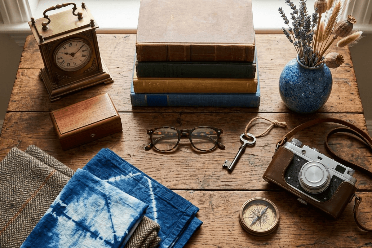 An overhead still life of eclectic secondhand objects on a wooden table: a brass clock, stacked vintage books, a ceramic vase, and an old camera