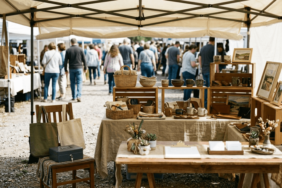 A neatly arranged vendor booth at an outdoor flea market seen from the seller's side, goods raised on a cloth-covered table under a canopy