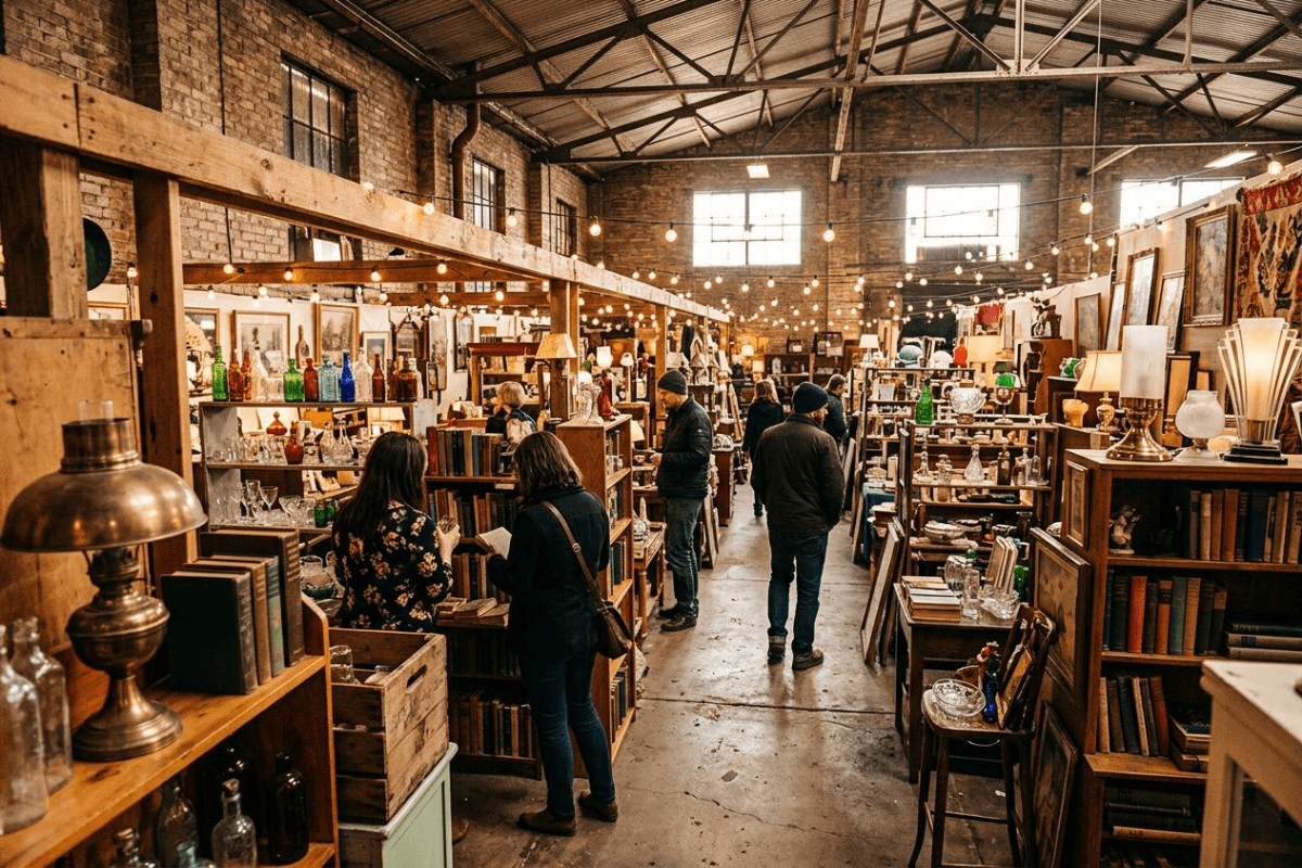 The interior of an indoor flea market in a converted warehouse, booths of vintage glassware and lamps under warm light